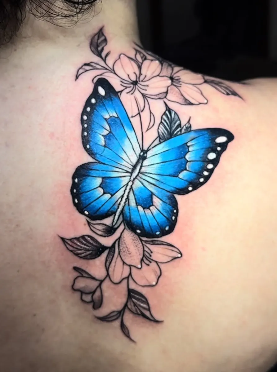 Borboleta azul com flores, delicada